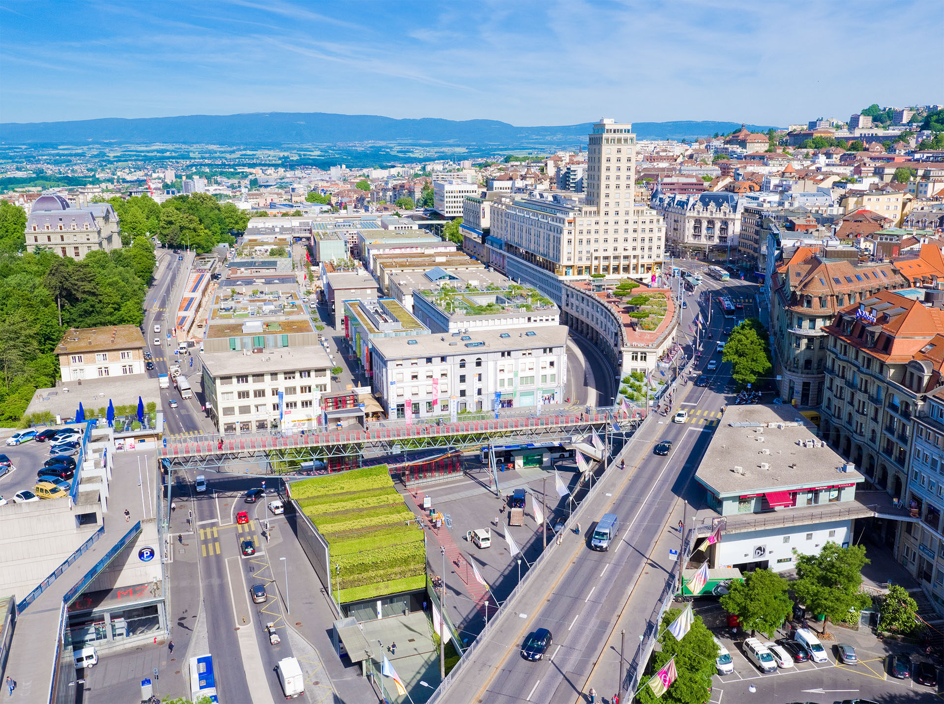 Vue panoramique de Lausanne Flon / Bel-Air, prises de vues exclusives pour Lausanne Tourisme avec drône, juin 2017